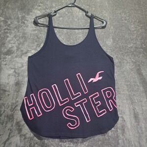Hollister Womens Tank Top Black Pink Graphic Logo Scoop Neck L Beachy Preppy